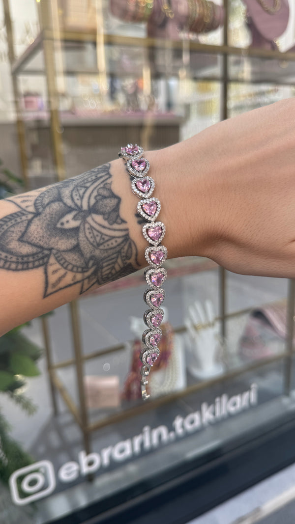 B186 Pembe Kalpli Taşlı Gümüş Bileklik