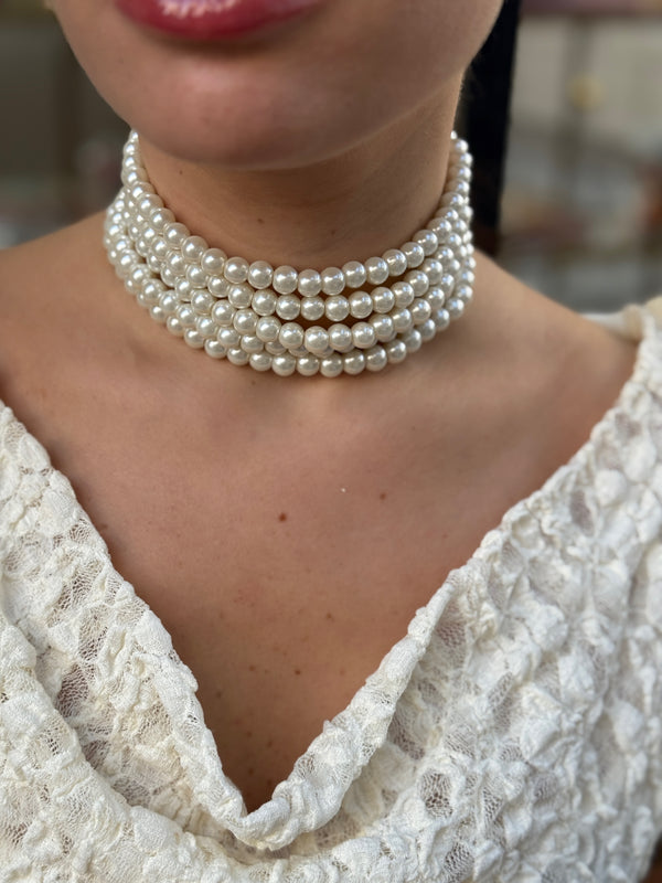 K148 Zarif Beyaz İnci Choker Kolye – Çok Sıralı Boğazlı Model