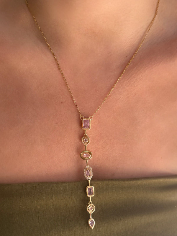 K173 Pembe Taşlı Gold Y Kolye