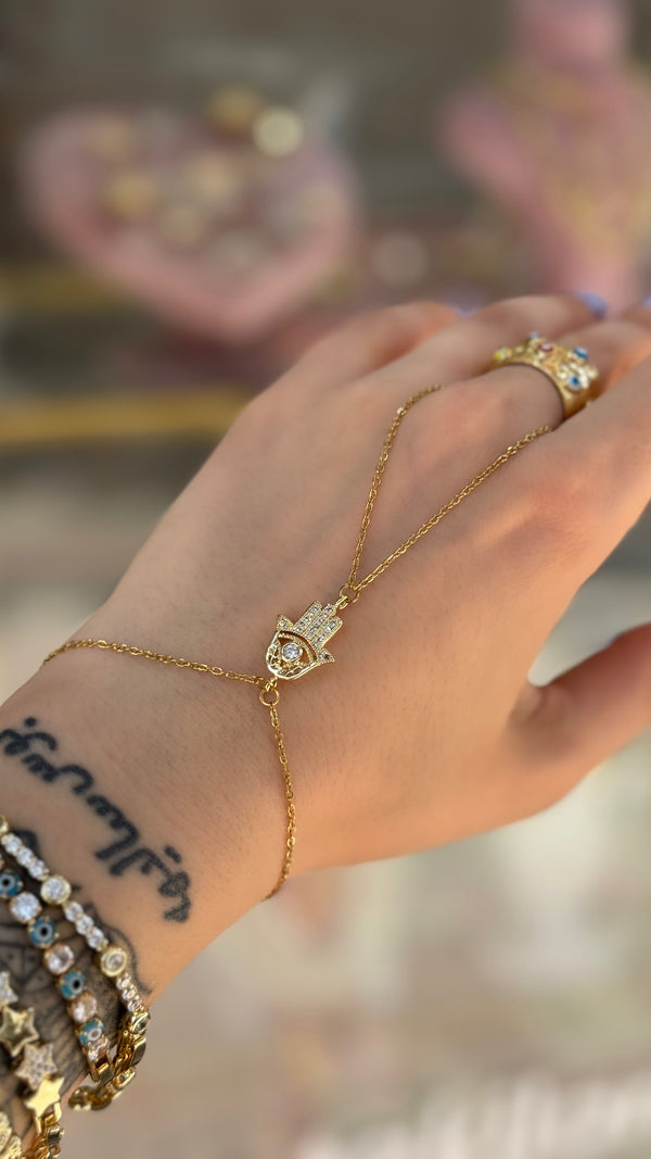 EL104 Zirkon Taşlı Hamsa El Figürlü Altın Renk Şahmeran